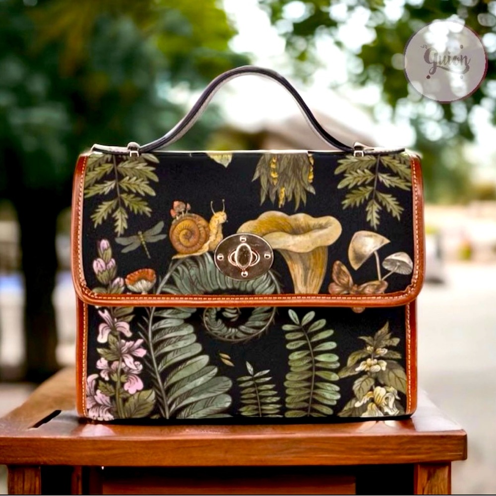 Fern & Mushroom Cottagecore Canvas Satchel, vegan leather strap shoulder purse